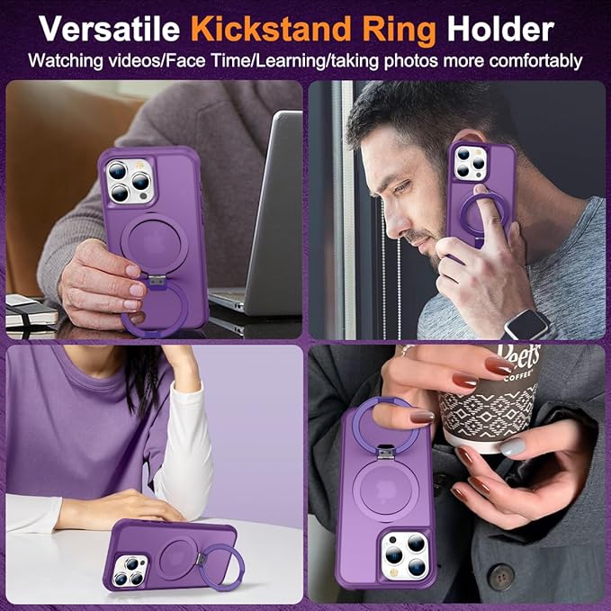 Magnetic Compatible with iPhone 15 Pro Case with Stand [Military Grade Drop Tested][Compatible with Magnet] Ring Translucent Slim Hard Back Soft Edge, Purple