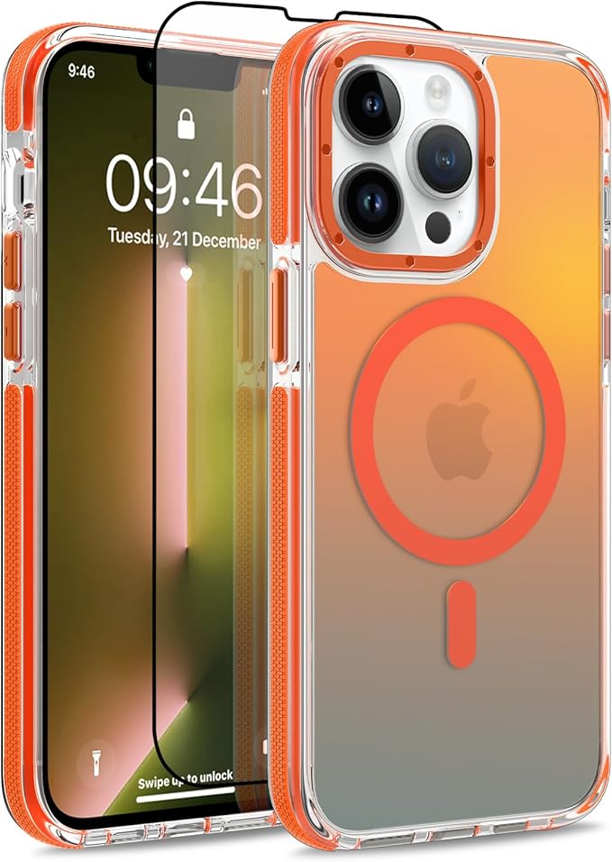 MOWIME Magnetic Case for iPhone 13 Pro Max [Compatible with Magsafe] [Cute Fashion Fluorescent Design] [1 Screen Protector] Slim Translucent Matte Case for iPhone 13 Pro Max 6.7" 2021, Orange