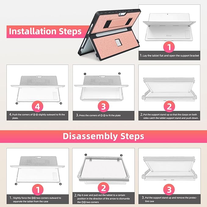 Case fit Microsoft Surface Pro 11/10 /9/8 13-Inch, with Stent Cover, Hand Strap, All-in-one Rugged Case Compatible with Type Cover Keyboards,Coupled Pink