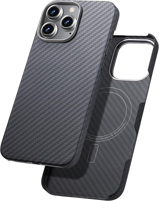Aramid Fiber Case for iPhone 16 Pro Max, Compatible with Magnet, Slim & Light, Case-Less Touch Feeling, Black/Grey (Twill)