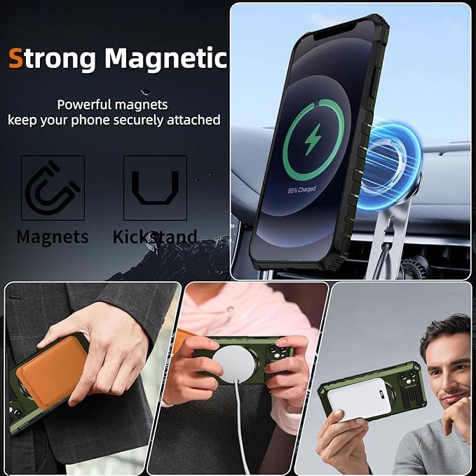 Magnetic for iPhone 12 Case Compatible with MagSafe Wireless Charging,12 Phone Case with 2 Screen Protectors,Built-in Kickstand Ring Military Grade Drop Shockproof Heavy Duty Protection Green