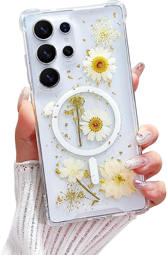Compatible with Samsung Galaxy S24 Ultra Case,Compatible with MagSafe,Cute Pressed Dried Flowers Design Women Girly Shockproof Floral Clear Magnetic Case for Galaxy S24 Ultra (White)