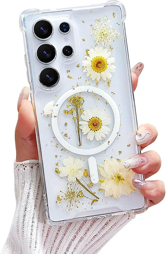 Compatible with Samsung Galaxy S25 Ultra Case,Compatible with MagSafe,Cute Pressed Dried Flowers Design Women Girly Shockproof Floral Clear Magnetic Case for Galaxy S25 Ultra (White)