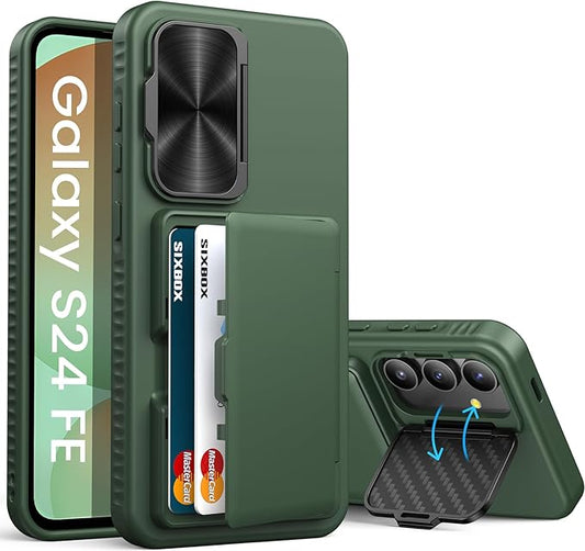 for Samsung Galaxy S24 Fe Case, Built-in Card Holder & Lens Cover & Kickstand, Military Grade Drop Tested Soft Silicone Edge Rugged Protective Wallet Phone Case for S24 Fe 6.7" 2024, Green