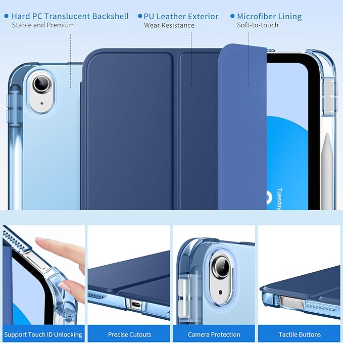 MoKo for iPad (A16) 11th Generation Case 11 Inch 2025, iPad 10th Generation Case 10.9 Inch 2022 with Pencil Holder, Slim Light Trifold Protective Cover with Hard PC Translucent Back Shell, Denim