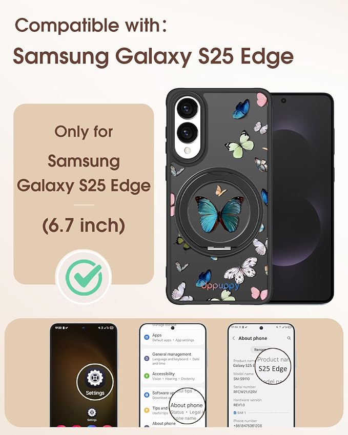 for Samsung Galaxy S25 Edge Case with 360° Rotatable Magnetic Ring - Compatible with MagSafe, Semi-Transparent Soft-Touch Material Shockproof, Cute Butterfly Design for Women Girl