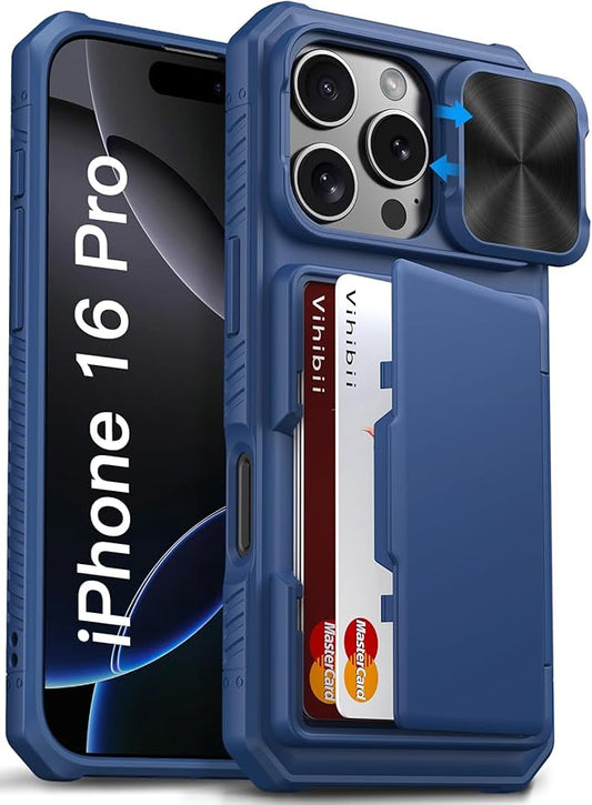 Vihibii for iPhone 16 Pro Wallet Case with Card Holder (4 Cards) [RFID Blocking] & Slide Camera Cover & Raised Edges Protect Screen, Shockproof Rugged Phone Cover for iPhone 16 Pro 6.3" 2024, Blue
