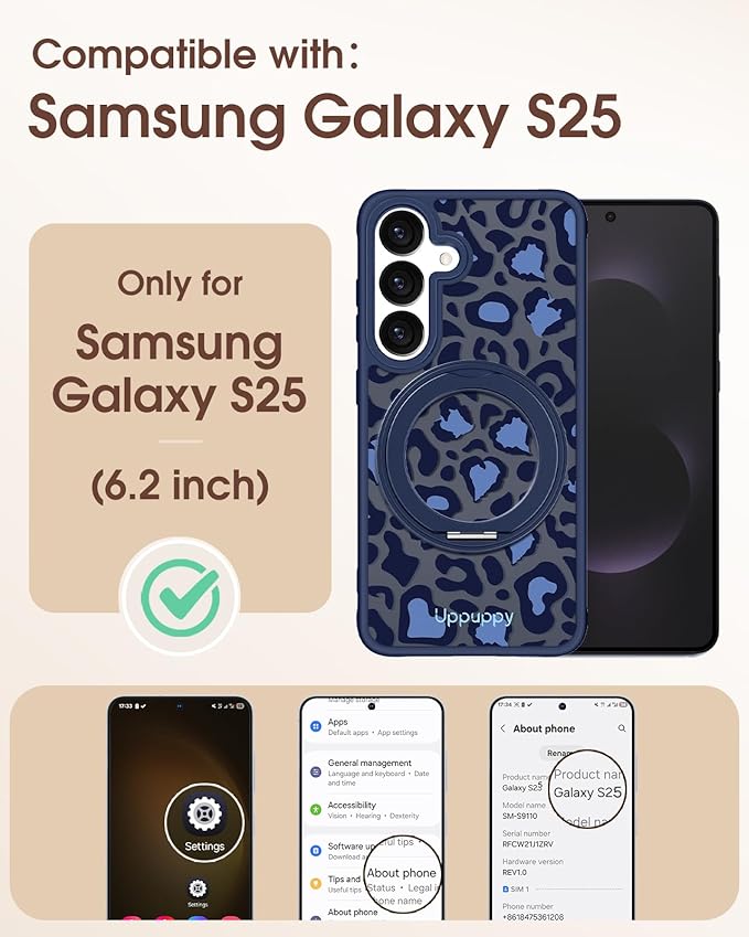 for Samsung Galaxy S25 Case with 360° Rotatable Magnetic Ring - Compatible with MagSafe, Semi-Transparent Soft-Touch Material Shockproof, Cute Blue Cheetah Print Design for Women Girl