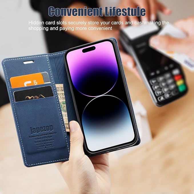 japezop Compatible with iPhone 14 Pro Max Wallet Case with [RFID Blocking] Card Holder Kickstand Magnetic,Leather Flip Case Wallet for iPhone 14 Pro Max 5G 6.7 Inch (Blue)