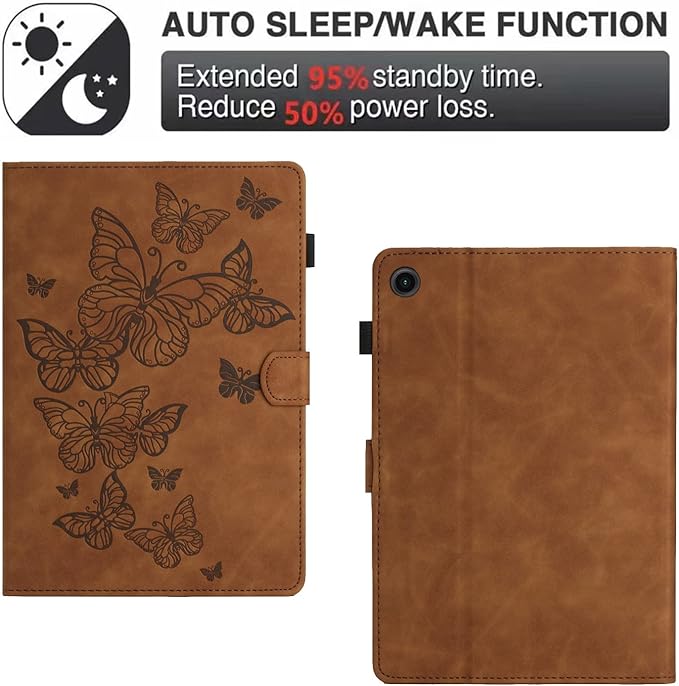 KEROM Case for Samsung Galaxy Tab A9+ Plus 11 Inch 2024 2023 (SM-X210/X216/X218), Embossed Suede Leather Folio Stand Cover with Auto Wake/Sleep & Card Slot & Pen Holder - Brown Butterfly Embossing