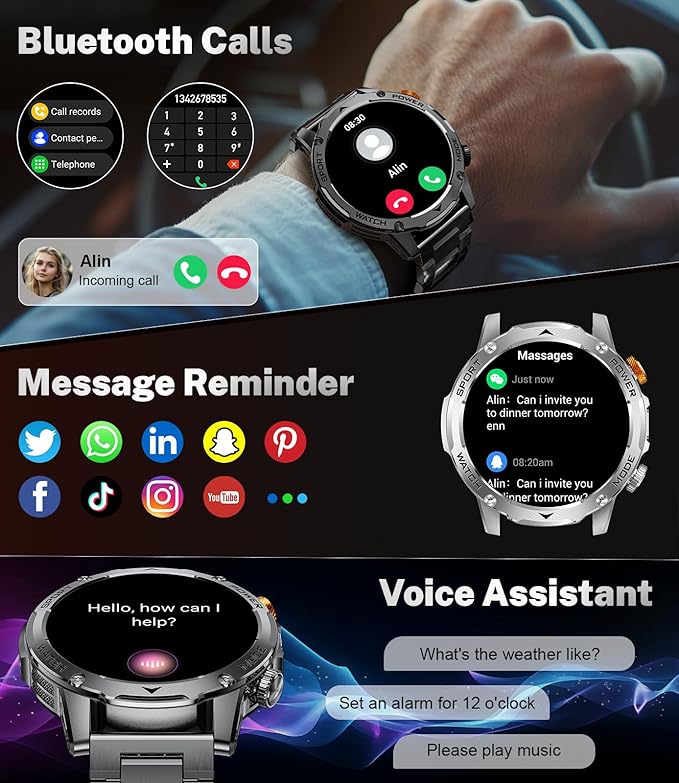 Military Smart Watches for Men(3 Bands),1000mAh/1.75" HD Large Screen Smartwatch, Flashlight/110+ Sports Modes/IP68 Waterproof/Sleep Monitor Fitness Tracker Watch for Android IOS,Gunmetal