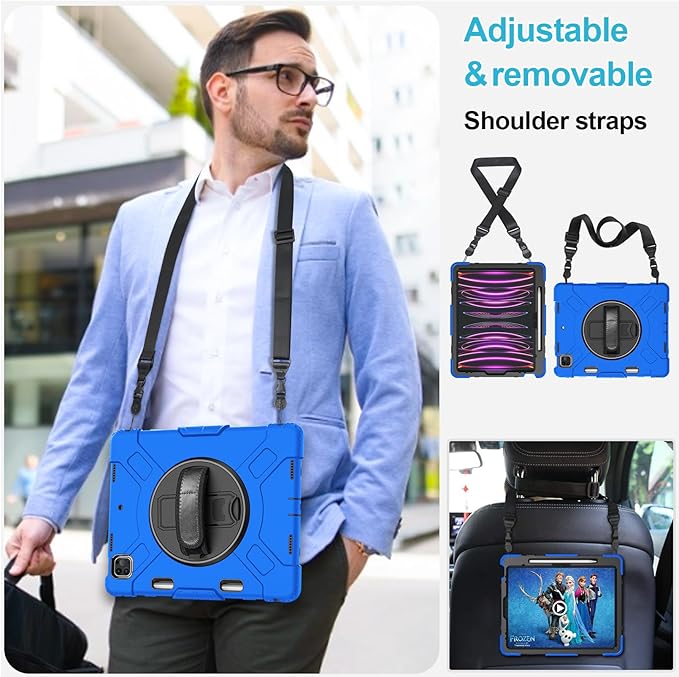 Case for iPad Pro 12.9 2022/2021/ 2020/2018: Cover for iPad Pro 12.9 6th/ 5th/ 4th/ 3rd Generation with Screen Protector- Stand- Pencil Holder- Handle- Shoulder Strap Blue