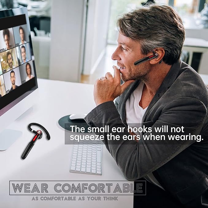 Single-Ear Bluetooth Earpiece with Noise Cancelling – Wireless Hands-Free Headset for iPhone & Cell Phones, Built-in Mic, 10Hrs Battery Life