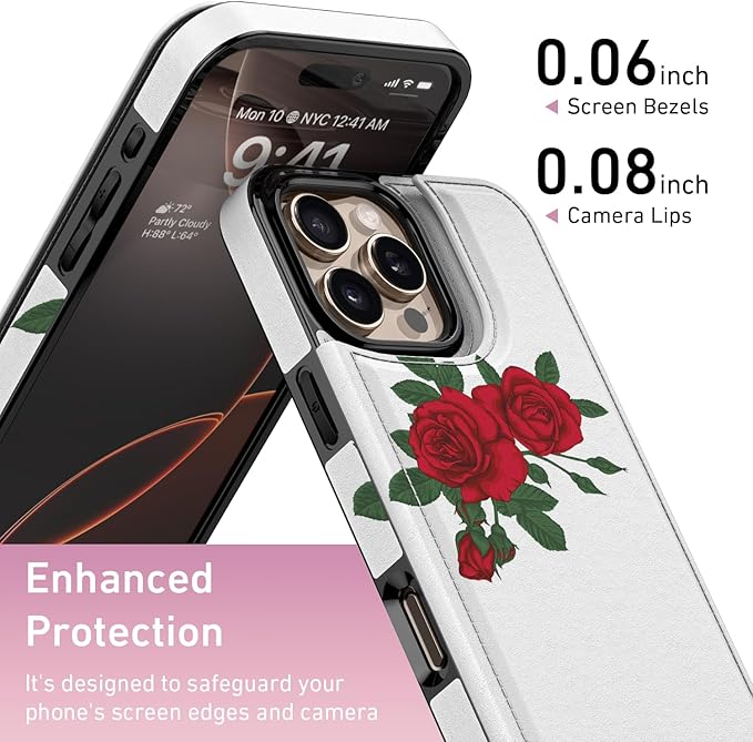 FUNMIKO for iPhone 16 Pro Wallet Case with Card Holder, RFID-Blocking, Military-Grade Protection & UV-Printed Artwork, Magnetic Closure with Leather Kickstand - Blooming Red Rose