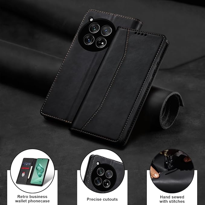 Jasonyu Flip Wallet Case for OnePlus 12,Leather Magnetic Folio Cover with Card Holder,Kickstand - TPU Shockproof Durable Protective Phone Case,Black