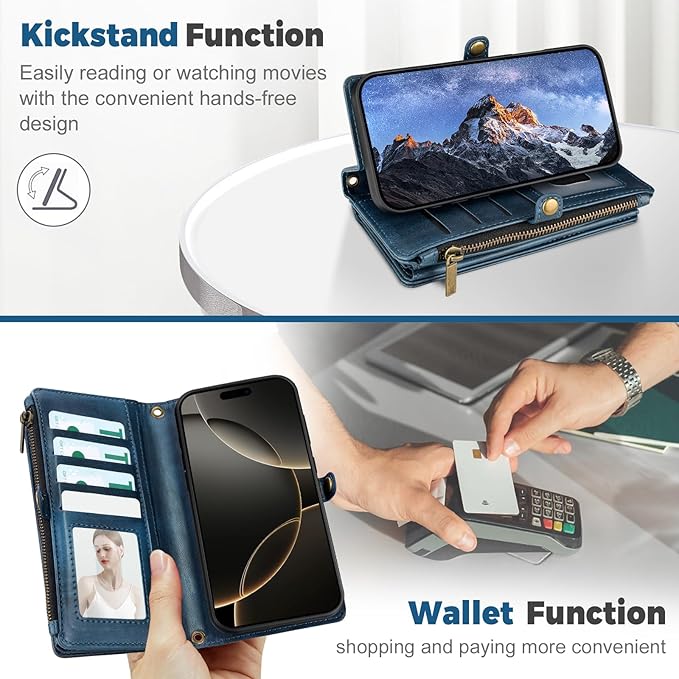 for iPhone 16 Pro Max Wallet Phone Case with 8 Card Holder,RFID Blocking | PU Leather | Kickstand | Flip | Wrist Strap&Shoulder Strap | Shockproof | Zipper Wallet | Women Men | 6.9" | Blue