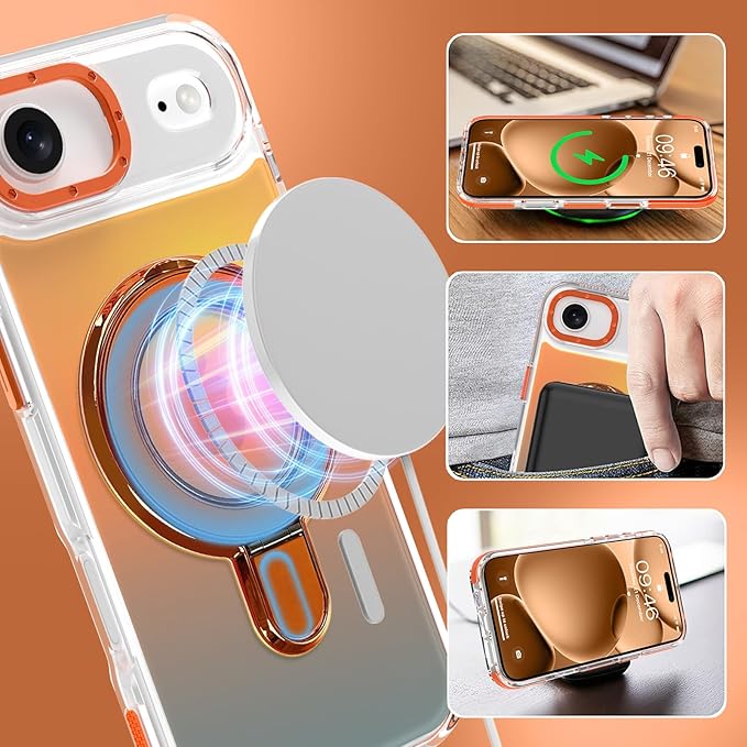 MOWIME Magnetic for iPhone Air Case with Stand [Compatible with Magsafe] [Cute Fashion Fluorescent Design] [1 Screen Protector] Slim Translucent Matte Case for iPhone Air 6.5" 2025, Orange
