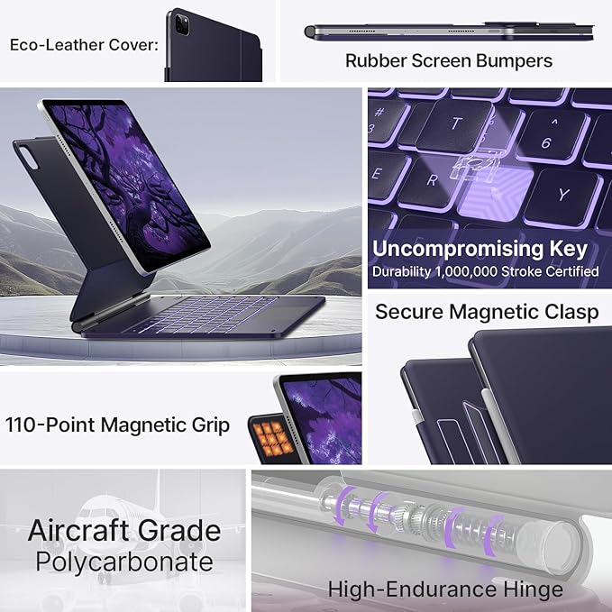 typecase Keyboard Case for iPad Air 13(M3 2025 / M2 2024) and iPad Pro 12.9 (6th, 5th, 4th, 3rd Gen),Magic Keyboard for iPad Pro 12.9,Multi-Touch Trackpad, 11 Colors Backlight,Midnight Amethyst