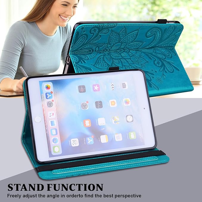 Case for Lenovo Tab M9 9 inch (TB-310FU), Embossed Lace PU Leather Flip Folio Protective Tablet Case with Elastic Band Card Slots Pen Holder, Multi-Angle Viewing Stand Cover - Blue