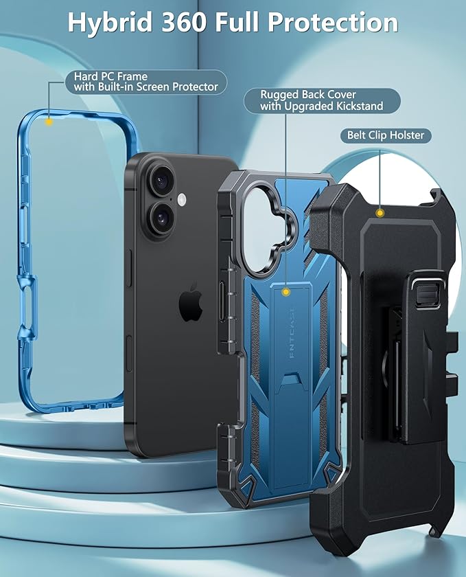 FNTCASE for iPhone 16 Phone Case: Rugged Protective Belt Clip Holster Heavy Duty with Built in Kickstand & Built-in Screen Protector | 360 Full Protection Shockproof Cover, 6.1inch (Blue)