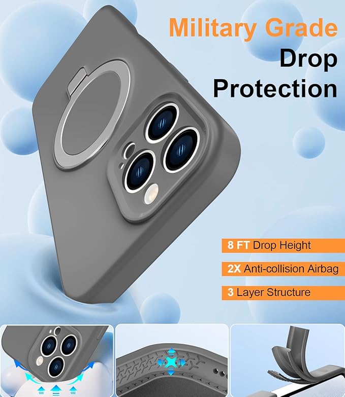 ZHK Liquid Silicone Designed for iPhone 16 pro max Case with Magnet Stand, [Precise Camera Lens Protection][Mil-Grade Drop Shockproof][Soft Anti-Scratch Microfiber Lining] Slim Fit Cover, Grey