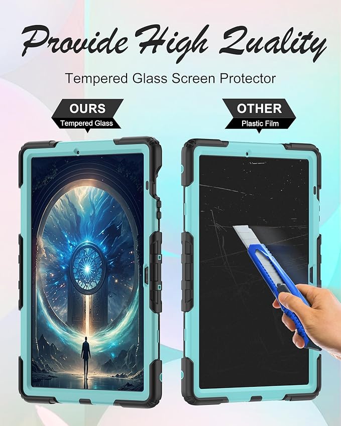 Case for Samsung Galaxy Tab S10 FE Plus 5G Tablet 13.1'', Shockproof Protective Cover with Tempered Glass Screen Protector, Rotatable Kickstand, S Pen Holder, Hand/Shoulder Strap, SkyBlue