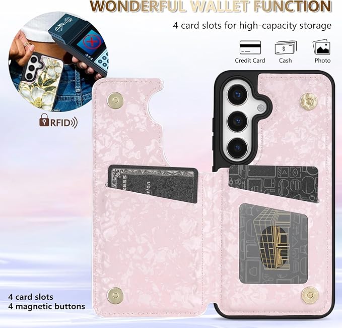 NNH Compatible with Samsung Galaxy S25 Wallet Case with RFID Blocking Card Slots Folio Flip PU Leather Kickstand Double Magnetic Clasp Design Cover for Galaxy S25(6.2 inch-Magnolia Flowers)