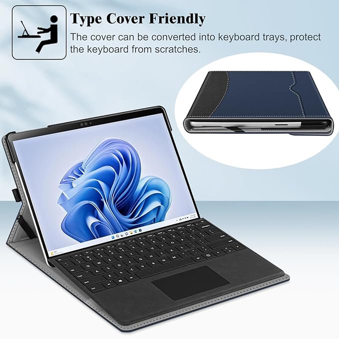 Fintie Case for 13 Inch Microsoft Surface Pro 11/10/9 - Multiple Angle Viewing Portfolio Business Cover with Pocket & Stylus Holder, Compatible with Type Cover Keyboard, Navy/Black