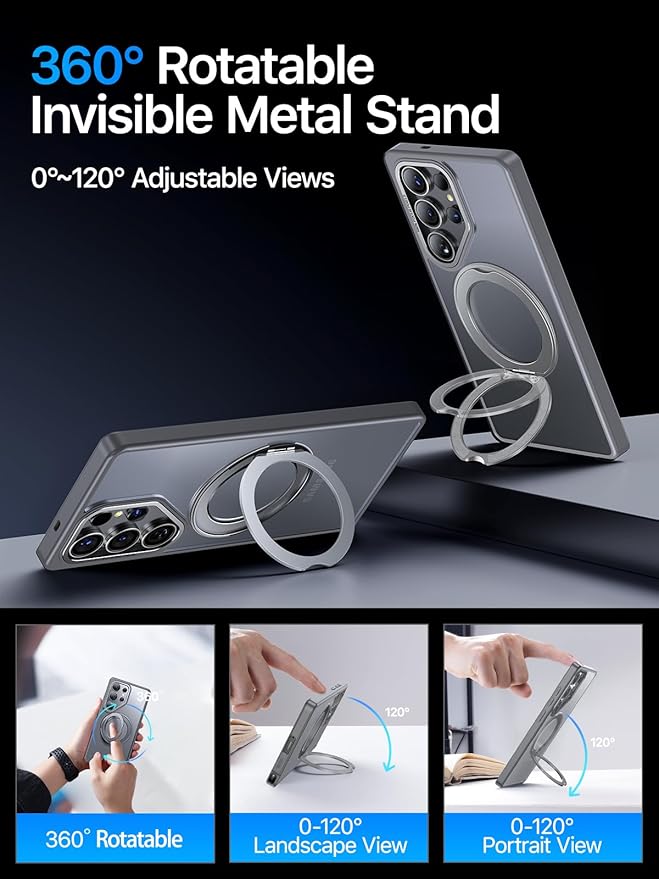 QTlier Phone case for Galaxy S24 Ultra& S25 Ultra- 360 Rotatable Magnetic Ring Stand, Military-Grade Protection, Raised Camera Frame (Grey, S25 Ultra)