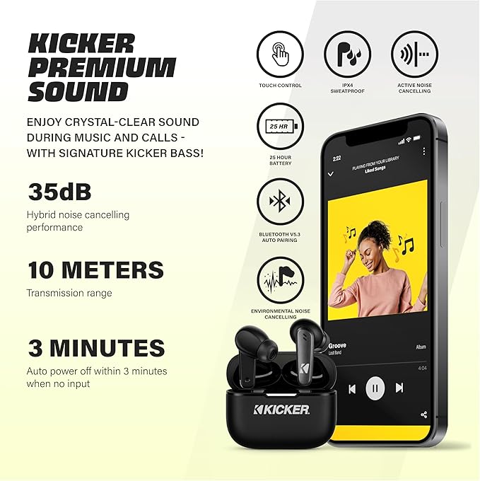 KICKER Bluetooth Earbuds 50KTWS3 Wireless Earbuds with Active Noise Cancellation, 25-Hour Battery Life, in-Ear Headphones with Dual Microphones for Clearest Voice Clarity Touch Controls