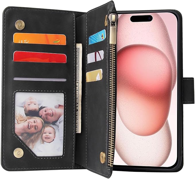 Asuwish Compatible with iPhone 15 6.1 inch Wallet Case Tempered Glass Screen Protector and Leather Flip Cover Card Holder Stand Cell Phone Cases for iPhone15 5G i i-Phone i15 15Case Women Men Black