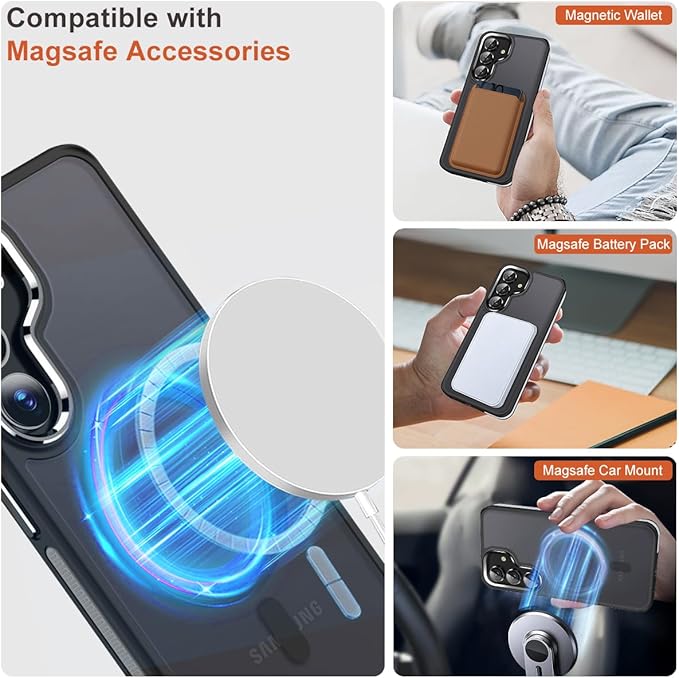 Case for Samsung Galaxy S25 Plus/S25+ Compatible with Magsafe, [Non-Slip TPU Edge]&[Camera Frame Protection] for S25 Plus Phone Case, Slim Translucent Matte Galaxy S25+ Cover (Black/Grey)