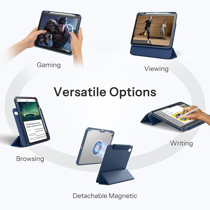 SPARIN Case for iPad A16 11th/10th Generation 2025/2022 (11"/10.9") with Pencil Holder, Magnetic Detachable Hybrid Stand, Portrait/Landscape Angle, Clear Protective Case, Auto Wake/Sleep-Navy Blue