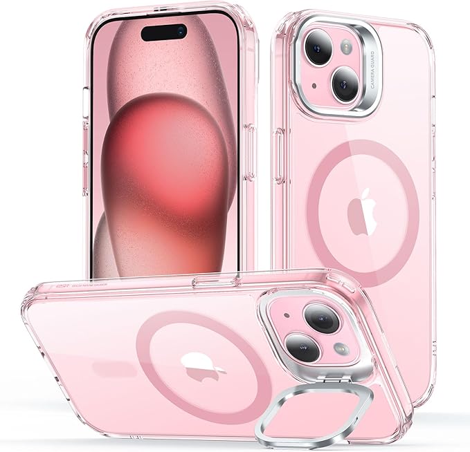 ESR for iPhone 15 Case, Compatible with, Military-Grade Protective Case, Built-in Stash Stand Phone Case, Scratch-Resistant Back Cover, Classic Series, Clear Pink