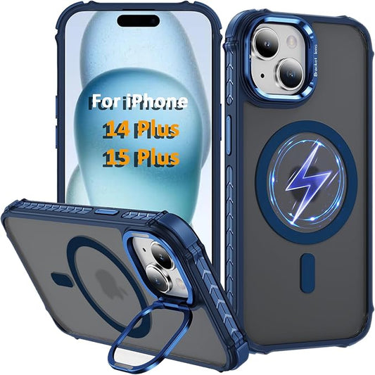 Magnetic for iPhone 15 Plus Case/iPhone 14 Plus Case Blue with MagSafe Wireless Charging Military-Grade Shockproof Protection Adjustable Kickstand Slim Matte Anti-Fingerprint Cover Men Women