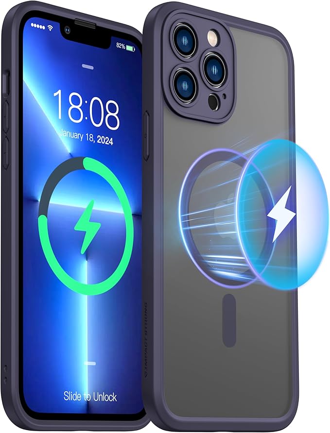 ImpactStrong Magnetic Guard Designed for iPhone 13 Pro Case [Camera Protection] [Military Grade Drop Tested] [Compatible with MagSafe] Slim Translucent Matte Phone Case (6.1") - Deep Purple