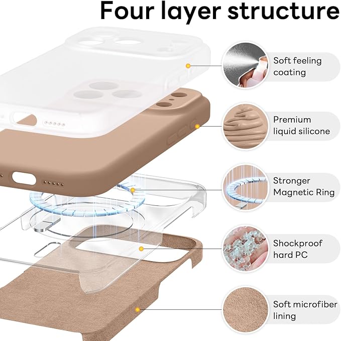 Vooii Magnetic Compatible with iPhone 17 Pro Case (Compatible with Magsafe) (Upgraded Camera Protection) Liquid Silicone Shockproof Full Body Protective Phone Cover for Women Men, Light Brown, 6.3”