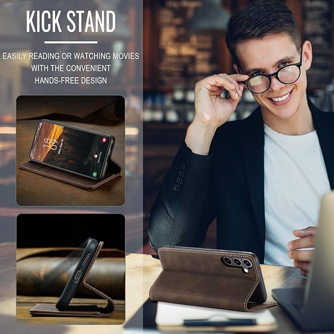 for Samsung Galaxy S24 FE 5G Case, Flip Wallet Leather Case with Card Holder Magnetic Closure Shockproof Kickstand Protective Phone Cases Cover for Galaxy S24 FE, Coffee