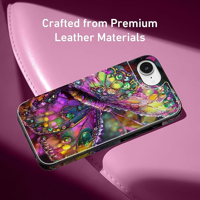 FUNMIKO for iPhone 16e Wallet Case with Card Holder, RFID-Blocking, Military-Grade Protection & UV-Printed Artwork, Magnetic Closure with Leather Kickstand - Vibrant Elegant Butterfly