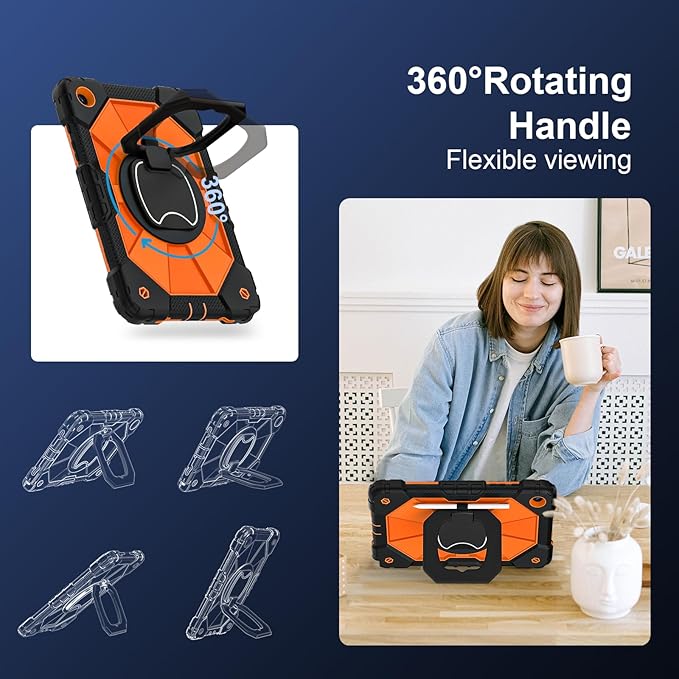 for Galaxy Tab A9 Plus Case 11 Inch, Rugged Case for Samsung Galaxy A9+ Tablet with Screen Protector 360 Rotating Stand Shoulder Strap Pen Holder, 2023 Model(SM-X210/X216/218), Black Orange