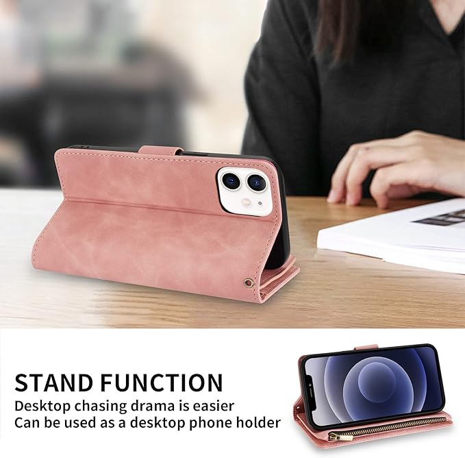 ZZXX for iPhone 12 Case Wallet,iPhone 12 Pro Wallet Case with Card Slot Premium Soft PU Leather Zipper Flip Folio Wallet with Wrist Strap Kickstand Protective for iPhone 12 Wallet Case(Pink 6.1 inch)