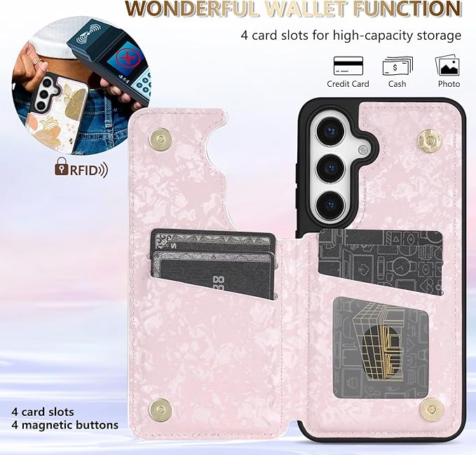 NNH Compatible with Samsung Galaxy S25 Plus Wallet Case with RFID Blocking Card Slots Folio Flip PU Leather Kickstand Double Magnetic Clasp Design Cover for Galaxy S25+(6.7inch-Morandi Line Flower)