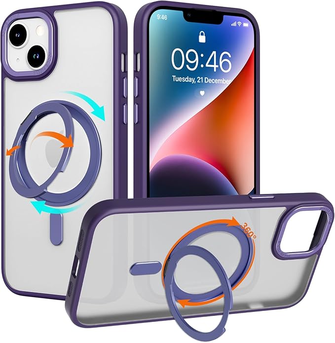 ZIYE Magnetic Case for iPhone 14 Plus Case with Stand [Compatible with MagSafe] Slim Shockproof Military Grade Heavy Duty Cover with 360 Rotatable Ring Kickstand for Women Men, Translucent Purple