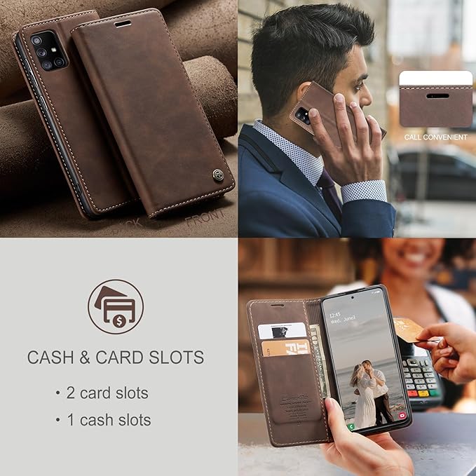 for Samsung Galaxy A51 Case, Flip Wallet Leather Case with Card Holder Magnetic Closure Shockproof Kickstand Protective Phone Cases Cover for Samsung A51,Coffee