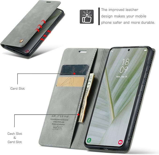 QLTYPRI Case for Samsung Galaxy S24, Vintage PU Leather Wallet Case Card Slot Kickstand Magnetic Closure Shockproof Flip Folio Case Cover for Samsung Galaxy S24 - Grey