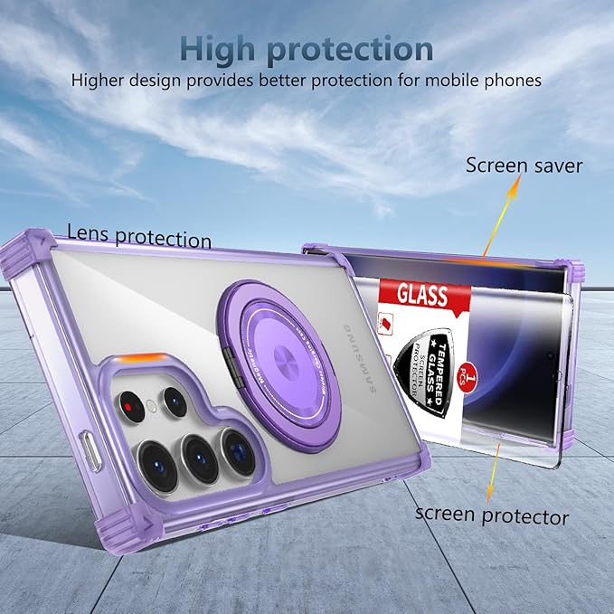 for Samsung Galaxy S23Ultra Case Compatible Wireless Charging Magnetic,with Screen Protector,for S23Ultra Phone Case with 360°Stand Ring Military Grade Shockproof Heavy Duty Protection Purple