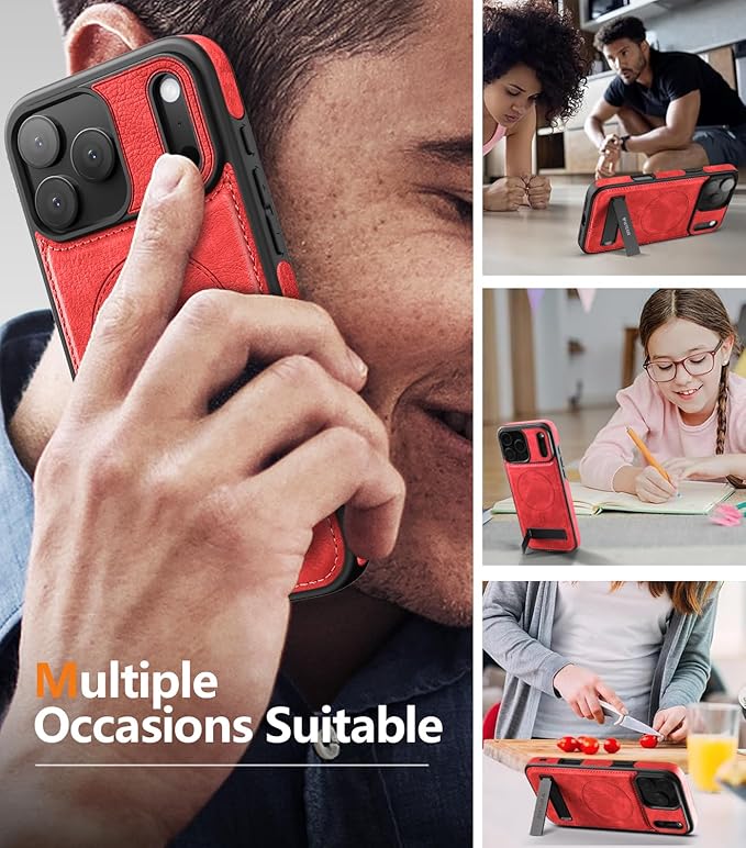 Magnetic for iPhone 17 Pro Max Leather Case,Built-in Invisible Stand [Compatible with Magsafe] Protective Slim Kickstand Phone Cover for iPhone 17 Pro Max,Red