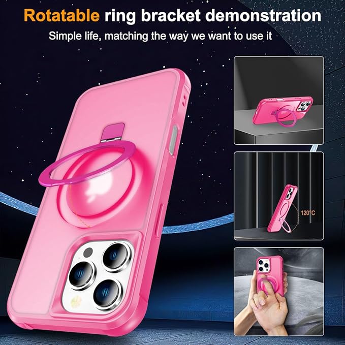 Magnetic Compatible with iPhone 16 Pro Max Case with Stand [Military Grade Drop Tested][Compatible with Magnet] Ring Translucent Slim Hard Back Soft Edge, Rose Red