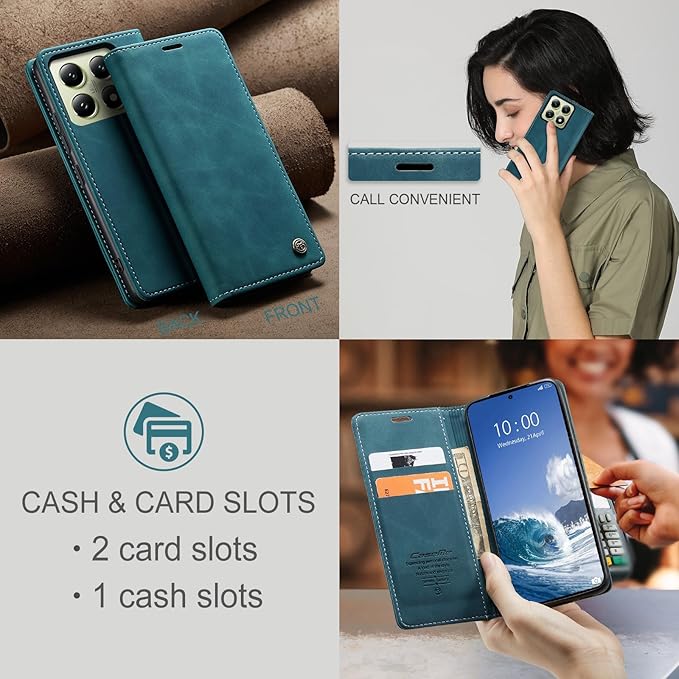 for Xiaomi 14T Case, Flip Wallet Leather Case with Card Holder Magnetic Closure Shockproof Kickstand Protective Phone Cases Cover for Xiaomi mi 14T, Blue-Green