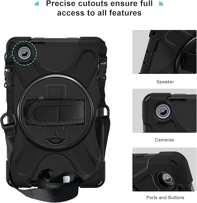 ProCase Rugged Case for Lenovo Tab One/K9 8.7 Inch 2025, Heavy Duty Shockproof Rugged Protective Cover Rotating Kickstand with Handle Holder Shoulder Strap for Lenovo Tab One/K9 -Black